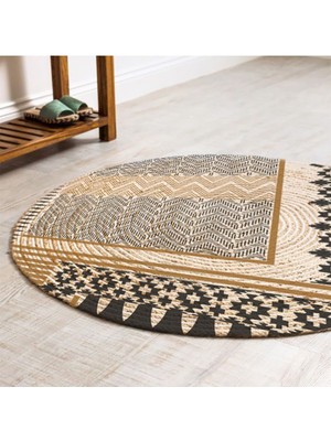 Kilim Home Boho 947 Geometrik Ve Etnik Baskılı Örgü Yuvarlak Natural Çift Taraflı Halı