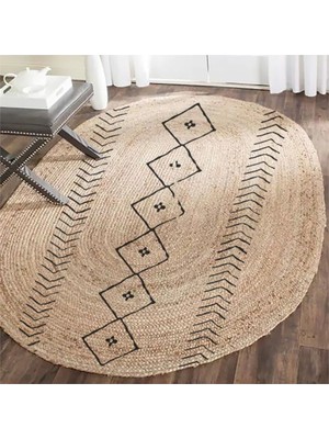 Kilim Home Boho 956 Oval Siyah Etnik Desenli Jüt Rengi Örgü Yuvarlak Natural Çift Taraflı Halı