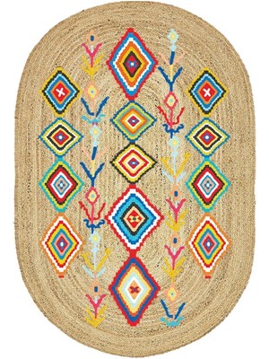 Kilim Home Boho 976 Jüt Hasır Etnik Desenli Oval Jüt Örme Doğal Hasır Natural Oval Halı