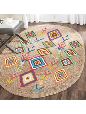 Kilim Home Boho 976 Jüt Hasır Etnik Desenli Oval Jüt Örme Doğal Hasır Natural Oval Halı