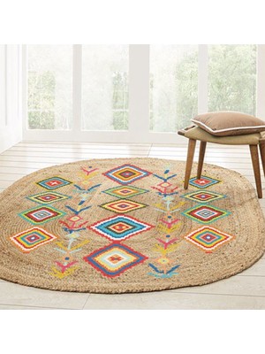 Kilim Home Boho 976 Jüt Hasır Etnik Desenli Oval Jüt Örme Doğal Hasır Natural Oval Halı