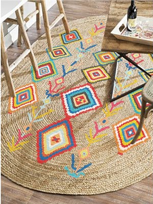 Kilim Home Boho 976 Jüt Hasır Etnik Desenli Oval Jüt Örme Doğal Hasır Natural Oval Halı