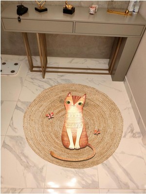 Kilim Home Boho 934 Jut Doğa Kedi Temalı Desenli Etnik Örgü Yuvarlak Natural Renk Çift Taraflı Halı