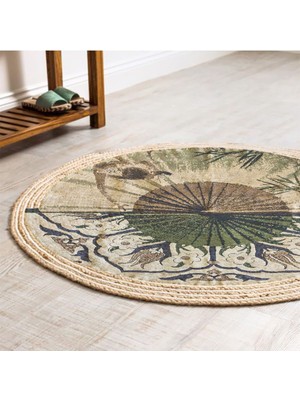 Kilim Home Boho 901 Doğa Ve Botanik Desenli Etnik Örgü Yuvarlak Natural Renk Çift Taraflı Halı