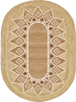 Kilim Home Boho 980 Jüt Hasır Etnik Desenli Oval Jüt Örme Hasır Natural Oval Halı