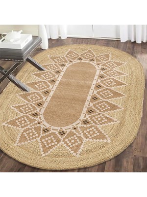 Kilim Home Boho 980 Jüt Hasır Etnik Desenli Oval Jüt Örme Hasır Natural Oval Halı