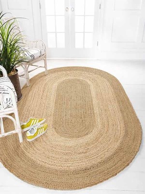 Kilim Home Boho 977 Jüt Hasır Etnik Desenli Oval Jüt Örme Hasır Natural Oval Halı