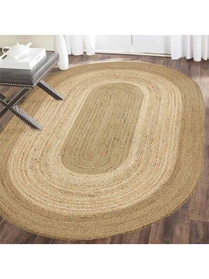 Kilim Home Boho 977 Jüt Hasır Etnik Desenli Oval Jüt Örme Hasır Natural Oval Halı