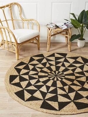 Kilim Home Boho 915 Geometrik Desen Baskılı Örgü Yuvarlak Natural Çift Taraflı Halı