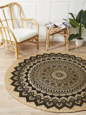 Kilim Home Boho 900 Mandala Desenli Etnik Örgü Yuvarlak Natural Çift Taraflı Halı