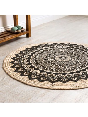 Kilim Home Boho 900 Mandala Desenli Etnik Örgü Yuvarlak Natural Çift Taraflı Halı