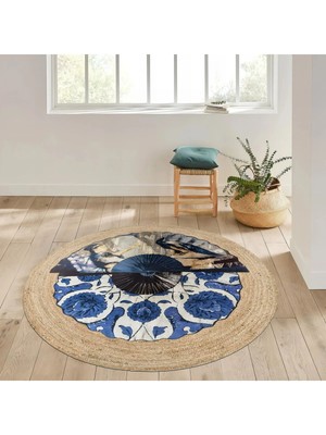 Kilim Home Boho 960 Blue Blanc Botanik Desenli Örgü Yuvarlak Natural Çift Taraflı Halı