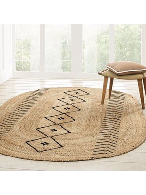 Kilim Home Boho 956 Oval Siyah Etnik Desenli Jüt Rengi Örgü Yuvarlak Natural Çift Taraflı Halı