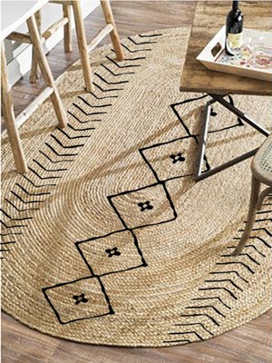 Kilim Home Boho 956 Oval Siyah Etnik Desenli Jüt Rengi Örgü Yuvarlak Natural Çift Taraflı Halı