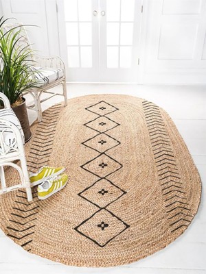 Kilim Home Boho 956 Oval Siyah Etnik Desenli Jüt Rengi Örgü Yuvarlak Natural Çift Taraflı Halı