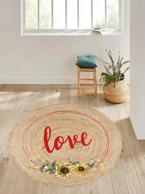 Kilim Home Boho 911 Jüt Doğa Iplik İle Üretilmiş Love Desenli Yuvarlak Natural Renk Çift Taraflı Halı