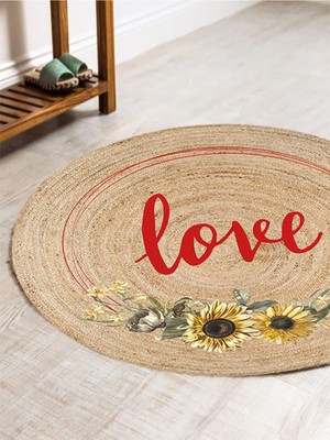 Kilim Home Boho 911 Jüt Doğa Iplik İle Üretilmiş Love Desenli Yuvarlak Natural Renk Çift Taraflı Halı