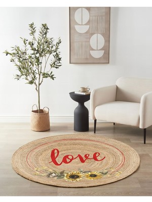 Kilim Home Boho 911 Jüt Doğa Iplik İle Üretilmiş Love Desenli Yuvarlak Natural Renk Çift Taraflı Halı