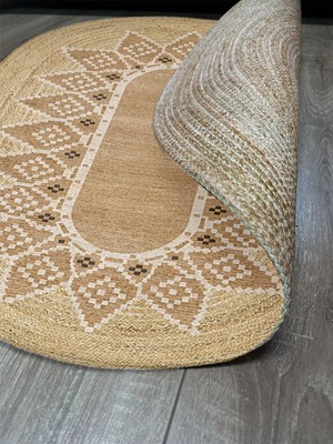 Kilim Home Boho 980 Jüt Hasır Etnik Desenli Oval Jüt Örme Doğal Hasır Natural Oval Halı