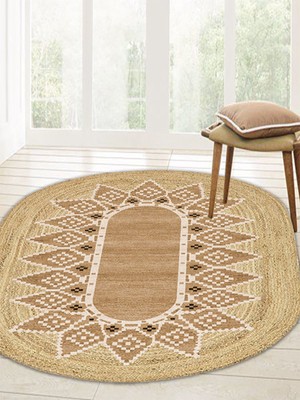 Kilim Home Boho 980 Jüt Hasır Etnik Desenli Oval Jüt Örme Doğal Hasır Natural Oval Halı