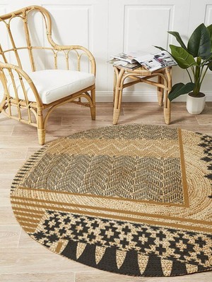 Kilim Home Boho 947 Geometrik Ve Etnik Baskılı Örgü Yuvarlak Natural Çift Taraflı Halı