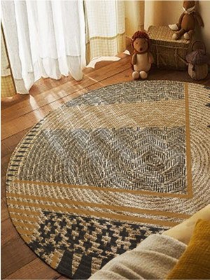 Kilim Home Boho 947 Geometrik Ve Etnik Baskılı Örgü Yuvarlak Natural Çift Taraflı Halı