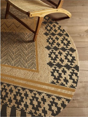 Kilim Home Boho 947 Geometrik Ve Etnik Baskılı Örgü Yuvarlak Natural Çift Taraflı Halı