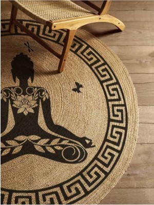 Kilim Home Boho 946 Yogo Yapan Kadın Baskılı Örgü Yuvarlak Natural Çift Taraflı Halı