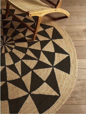 Kilim Home Boho 915 Geometrik Desen Baskılı Örgü Yuvarlak Natural Çift Taraflı Halı