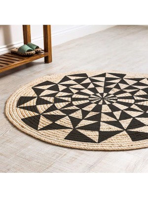 Kilim Home Boho 915 Geometrik Desen Baskılı Örgü Yuvarlak Natural Çift Taraflı Halı