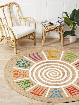 Kilim Home Boho 954 Multy Soyut Desenli Jüt Rengi Örgü Yuvarlak Natural Çift Taraflı Halı