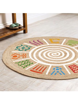 Kilim Home Boho 954 Multy Soyut Desenli Jüt Rengi Örgü Yuvarlak Natural Çift Taraflı Halı