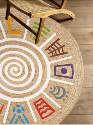 Kilim Home Boho 954 Multy Soyut Desenli Jüt Rengi Örgü Yuvarlak Natural Çift Taraflı Halı