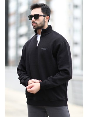 John Borners Erkek Oversize Sweatshirt Siyah Dik Yaka Yarım Fermuar Baskılı 3 İplik Şardonlu - 10010