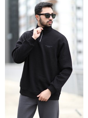 John Borners Erkek Oversize Sweatshirt Siyah Dik Yaka Yarım Fermuar Baskılı 3 İplik Şardonlu - 10010