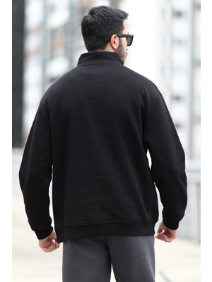 John Borners Erkek Oversize Sweatshirt Siyah Dik Yaka Yarım Fermuar Baskılı 3 İplik Şardonlu - 10010