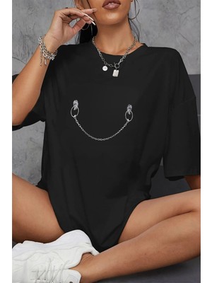 Young Fit Son Moda  Kadın T-Shirti  Pamuk Baskılı Yuvarlak Yaka Oversize Tişört