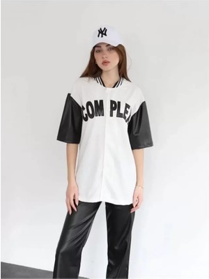  Complex Kolları Deri Kolej Oversize T-Shirt - Beyaz