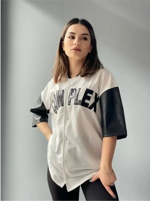  Complex Kolları Deri Kolej Oversize T-Shirt - Beyaz