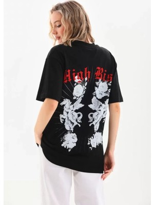  Unisex Baskılı Oversize T-Shirt - Siyah