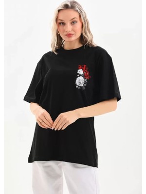  Unisex Baskılı Oversize T-Shirt - Siyah