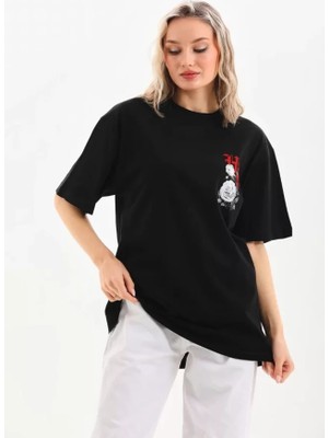  Unisex Baskılı Oversize T-Shirt - Siyah