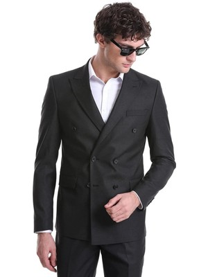 Süvari Slim Fit Düz Siyah Kruvaze Takım Elbise