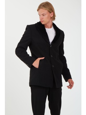 Sposo 1725 Yaka Kürkü Çıkmalı Büyük Beden Yünlü Kaşe Erkek Kaban