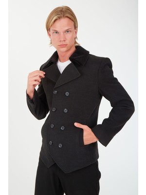 Sposo 1702 Yaka Çıkmalı Kruvaze Yünlü Kaşe Füme Erkek Kısa Kaban