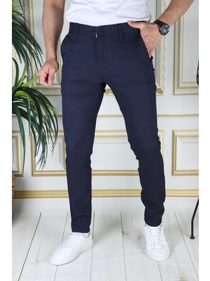 Erkek Lacivert Slim Fit Likralı Yan Cepli Armürlü Ekose Dar Kesim Esnek Şık Chino Kanvas Pantolon