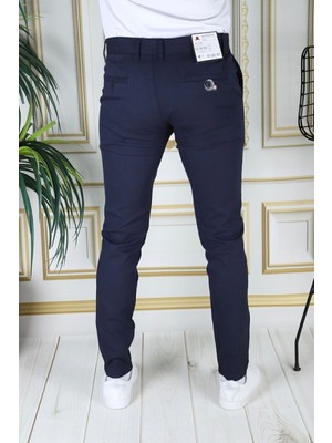 Erkek Lacivert Slim Fit Likralı Yan Cepli Armürlü Ekose Dar Kesim Esnek Şık Chino Kanvas Pantolon