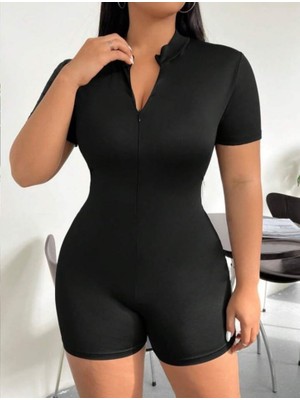 Hepimiz Alalım Kadın Kısa Kollu Önü Fermuarlı Bodycon Dalgıç Tulum