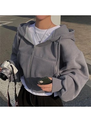 Köstebek Füme Kalın Kumaş Kapüşonlu Y2K Harajuku Crop Hırka