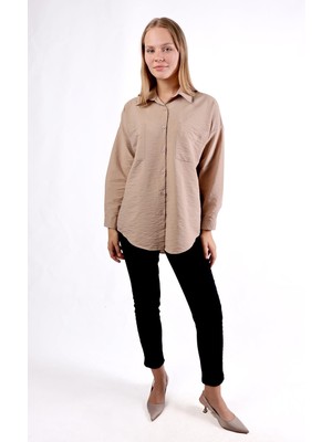 4304A Büyük Cep Detay Oversize Gömlek Vizon